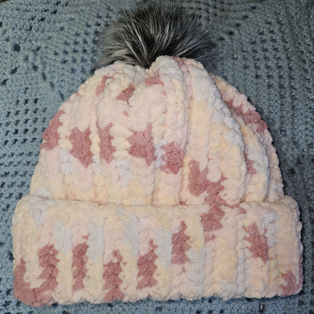 Cozy Pink and Cream Crochet EXTRA Chunky Beanie - Girls/Teens